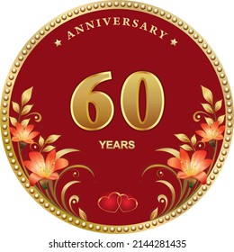  Anniversary 60 years, greeting card with flowers of lilies and hearts. Golden jubilee numbers on a red background in round golden frame. Vector illustration