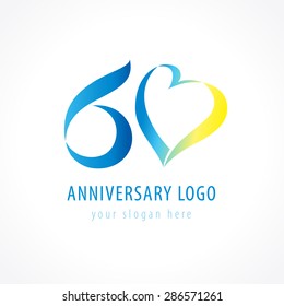 Anniversary 60s years old hearts celebrating vector digit logo. Birthday greetings with framed tape heart shape. Holiday abstract numbers or letter o. Lovely card with celebrating figures 60 th.