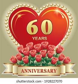 Anniversary 60th years, happy birthday, greeting card with roses on the background of big heart, template design for invitation, congratulations, wedding. Vector illustration