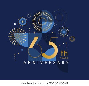 Anniversary 65, celebrating sixty five years,65th anniversary.Elegant card for event with abstract golden fireworks and golden numbers on blue background with geometric pattern.Vector illustration