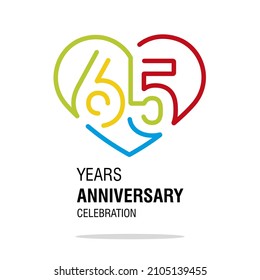 Anniversary 65 years decoration number sixty five bounded by a loving heart colorful modern love line design logo icon white isolated vector illustration