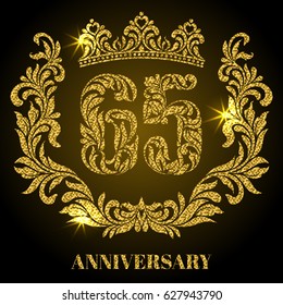 Anniversary of 65 years. Digits, frame and crown made in swirls and floral elements with gold glitter and sparkle