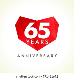 Anniversary 65 years old celebrating logotype with hearts. Luxurious celebrating congratulating greetings, stained glass numbers template. Valentine's Day abstract emotional lovely isolated shape.