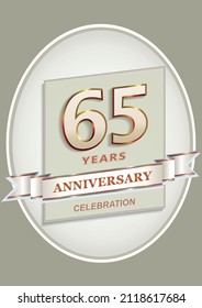 Anniversary 65th celebration. Logo template with 65 years in  oval with decorative ribbon and text, vector design for  invitation, greeting card, birthday