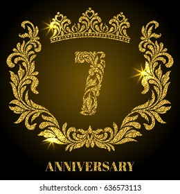 Anniversary of 7 years. Digits, frame and crown made in swirls and floral elements with gold glitter and sparkle