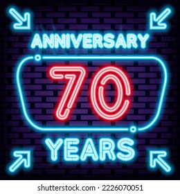 Anniversary 70 years Neon signboards. Neon script. Night bright advertising. Design element. Vector Illustration