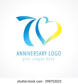 Anniversary 70s, 70 years old hearts celebrating vector digit logo. Birthday greetings with framed tape heart shape. Holiday abstract numbers or letter o. Lovely card with celebrating figures 70 th.