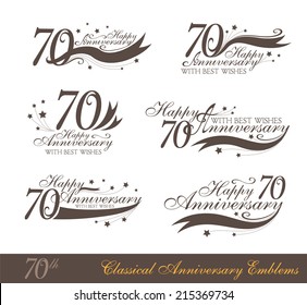 Anniversary 70th signs collection in classic style. Template of birthday celebration and jubilee emblems  with numbers and copy space on the ribbons.