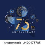 Anniversary 75, celebrating seventy five years,75th anniversary.Elegant card for event with abstract golden fireworks and golden numbers on blue background with geometric pattern.Vector illustration