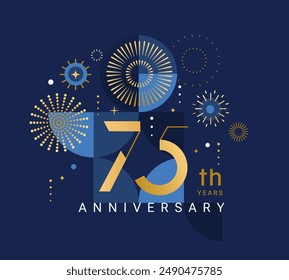 Anniversary 75, celebrating seventy five years,75th anniversary.Elegant card for event with abstract golden fireworks and golden numbers on blue background with geometric pattern.Vector illustration