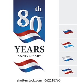 Anniversary 80 th years celebrating logo red white blue ribbon