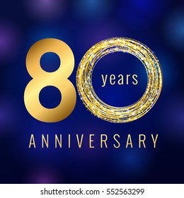 Anniversary 80 year number gold colored vector logo. Eighty years colorful greeting card with shining icon on blue abstract background. Business success stock lighting sign. Celebration event symbol. svg