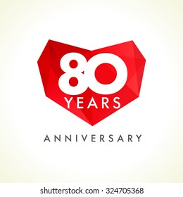 Anniversary 80 years old hearts celebrating vector logo. Birthday greetings with stained-glass frame, heart shape. Lovely stained eighty celebrating, 80 th. Luxury 8th eight, certificate idea.