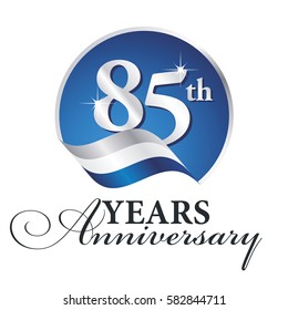 Anniversary 85 th years celebrating logo silver white blue ribbon background