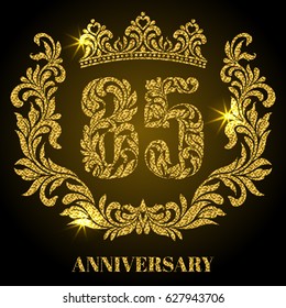 Anniversary of 85 years. Digits, frame and crown made in swirls and floral elements with gold glitter and sparkle