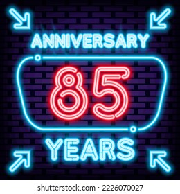 Anniversary 85 years Neon Sign Vector. Glowing with colorful neon light. Light art. Modern trend design. Vector Illustration