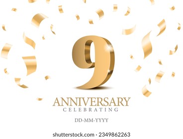 Anniversary 9. gold 3d numbers. Poster template for Celebrating 9th anniversary event party. Vector illustration