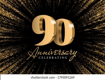 Anniversary 90. gold 3d numbers. Against the backdrop of a stylish flash of gold sparkling from the center on a black background. Poster template for Celebrating 90th anniversary event party. Vector