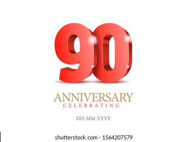 Anniversary 90. red 3d numbers. Poster template for Celebrating 10th anniversary event party. Vector illustration