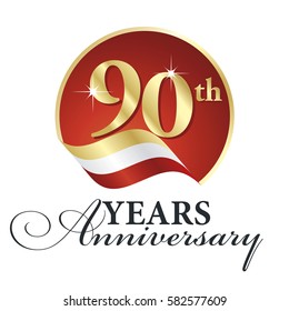 Anniversary 90 th years celebrating logo gold white red ribbon background
