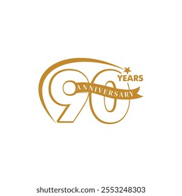 Aniversario Celebración de 90 años Vector de diseño de logotipo de Premium, celebración de aniversario color dorado con estrellas