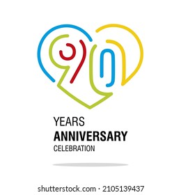 Anniversary 90 years decoration number ninety bounded by a loving heart colorful modern love line design logo icon white isolated vector illustration