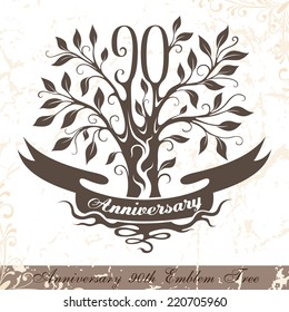 Anniversary 90th emblem tree in classic style. Ornamental decoration with copy space on the ribbon. Vector template for wedding, birthday and jubilee celebration 