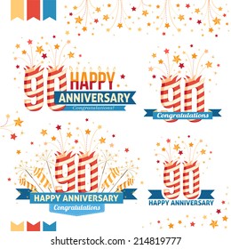 Anniversary 90th emblems with fireworks numbers, sparklers and ribbons with congratulations. 