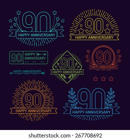 Anniversary 90th signs collection in outline style. Celebration labels with sunburst elements. 