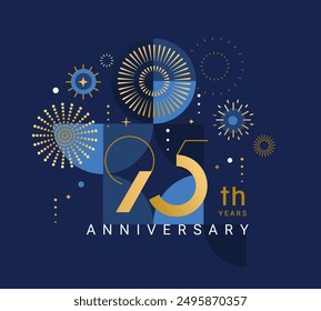 Anniversary 95, celebrating ninety five years,95th anniversary.Elegant card for event with abstract golden fireworks and golden numbers on blue background with geometric pattern.Vector illustration