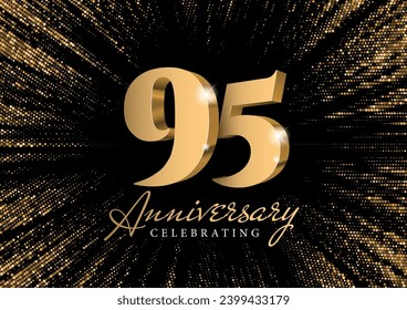 Anniversary 95. gold 3d numbers. Against the backdrop of a stylish flash of gold sparkling from the center on a black background. Poster template for Celebrating 95th anniversary event party. Vector