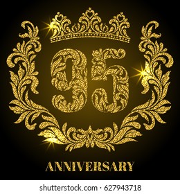 Anniversary of 95 years. Digits, frame and crown made in swirls and floral elements with gold glitter and sparkle