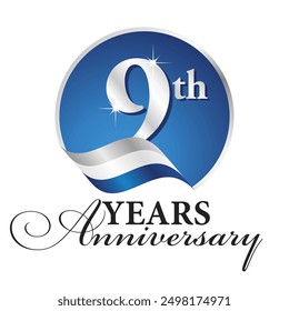 Anniversary 9th years celebrating logo silver white blue ribbon background