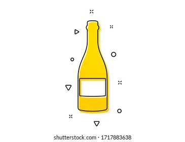 Anniversary alcohol sign. Champagne bottle icon. Celebration event drink. Yellow circles pattern. Classic champagne bottle icon. Geometric elements. Vector