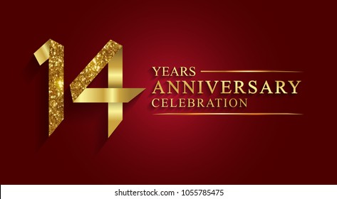 anniversary, aniversary, 14 years anniversary celebration logotype. Logo,ribbon golden number on red background.Numbers ribbon gold foil.