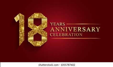 anniversary, aniversary, 18 years anniversary celebration logotype. Logo,ribbon golden number on red background.Numbers ribbon gold foil.