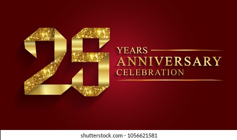 anniversary, aniversary, 25 years anniversary celebration logotype. Logo,ribbon golden number on red background.Numbers ribbon gold foil.