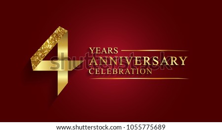 anniversary, aniversary, 4 years anniversary celebration logotype. Logo,ribbon golden number on red background.Numbers ribbon gold foil.