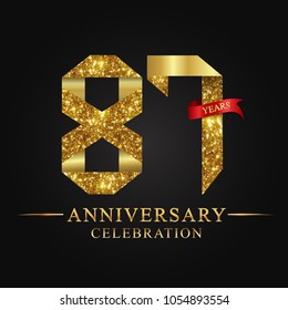 anniversary, aniversary, 87 years anniversary celebration logotype. Logo,ribbon golden number on black background.Numbers ribbon gold.