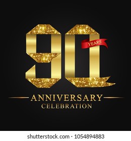 anniversary, aniversary, 90 years anniversary celebration logotype. Logo,ribbon golden number on black background.Numbers ribbon gold.