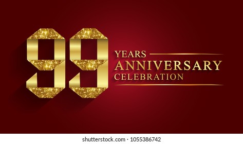 anniversary, aniversary, 99 years anniversary celebration logotype. Logo,ribbon golden number on red background.Numbers ribbon gold foil.