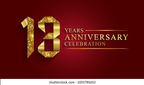 anniversary, aniversary,13 years anniversary celebration logotype. Logo,ribbon golden number on red background.Numbers ribbon gold foil.