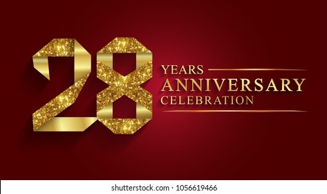 aniversario, aniversario, 28 años celebración logotipo. Logotipo,número de oro de cinta sobre fondo rojo.Números lámina de oro de cinta.