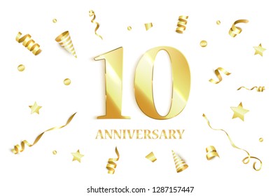 Anniversary background with gold confetti. 10 anniversary celebration. vector illustration 