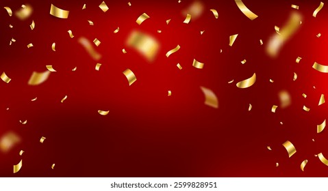 Anniversary background. Gold confetti falling frame. Winner red banner. Birthday surprise. Prize celebrate. Bright glitter flying. Holiday party. Golden festive tinsel. Vector illustration.