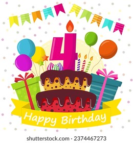 Ilustración de fondo del aniversario, tarjeta de 4 años de aniversario, tarjeta de feliz cumpleaños