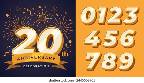 Anniversary background with set of numbers. Collection of golden numbers for greeting card with fireworks and confetti. Design elements for holiday celebration. Cartoon flat vector illustration