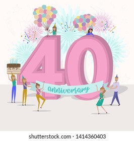 Anniversary background with tiny people preparing for and celebrating holidays. Happy Birthday card. Editable vector illustration