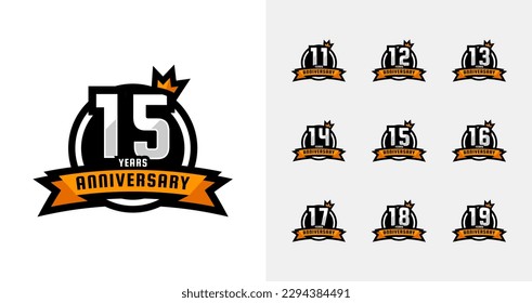 Anniversary badge logo collections. Birthday number for celebration moment with crown and ribbon icon. 11, 12, 13, 14, 15, 16, 17, 18, 19, years logo set