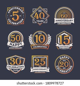 Anniversary badge set. Isolated birthday or wedding celebration symbol badge with golden year number, ribbons icon collection. Anniversary retro labels vector illustration